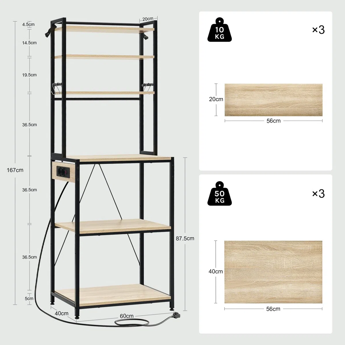 WOLTU Estantería Cocina con Enchufes, Soporte para Microondas con 6 Estantes y 6 Ganchos, Estanteria Almacenaje para Cocina Baño Salón, Metal+Madera, Negro+Roble Claro, 60x39,5x167 cm
