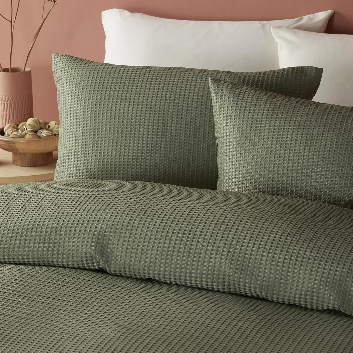 Serene Lindly Collection - Funda de edredón de Punto gofre Verde, tamaño de Cama Super King (260 x 220 cm), Suave al Tacto, Ropa de Cama de Lujo, Funda de edredón Texturizada con patrón de cuadrícula