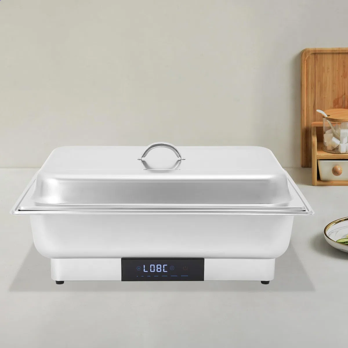 Calentador de buffet eléctrico, calentador de alimentos, buffet Chafing Dish, acero inoxidable, con control de temperatura para catering y buffet, 600 W, 9 l, para platos fríos y calientes