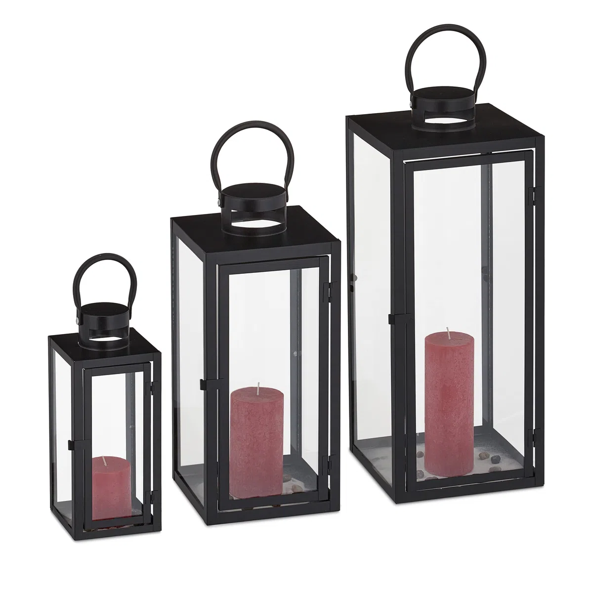 Relaxdays Set 3 Portavelas, Farol Decorativo para Interior y Exterior, 3 Tamaños, Metal, Cristal, Farolillo Vela, Negro