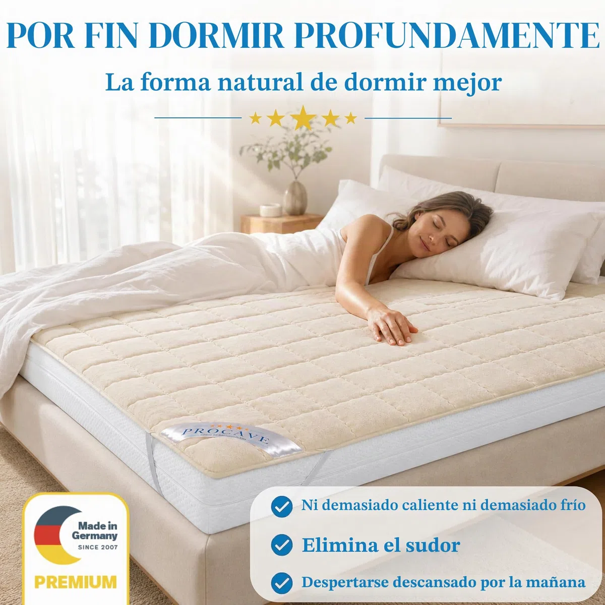 PROCAVE Protector de colchón Acolchado de Lana Virgen,Funda Transpirable para Cama, Cubrecolchón con 4 Gomas angulares 160x200 cm
