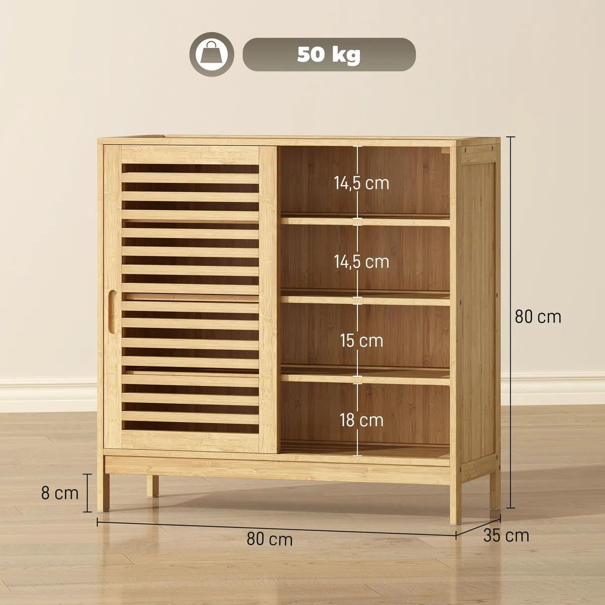 HOMCOM Zapatero de Bambú con 2 Puertas Correderas de Lamas, Zapatero Entrada Recibidor con Estantes Ajustables, para 16 Pares de Zapatos, 80x35x80 cm, Natural