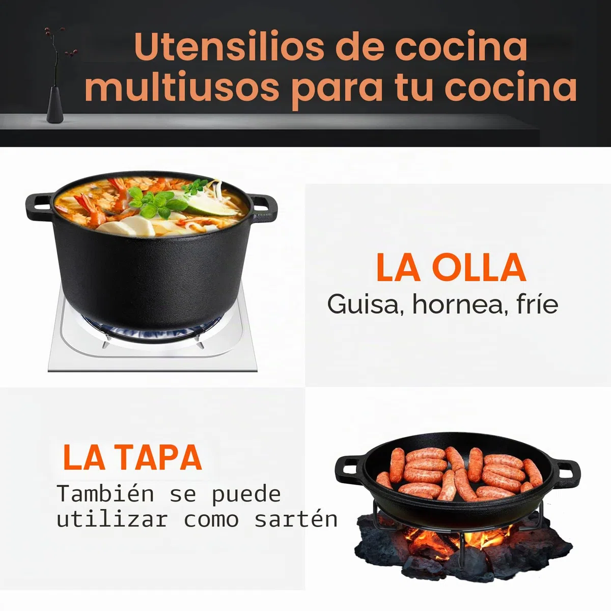 Overmont Olla Holandesa 4.73 L/ 5 Quart Cacerola de Hierro Fundido Tapa de Doble Función Sartén Plancha Pre Sazonado con Cubiertas de Manijas para Camping Cocina Casera Barbacoa Hornear