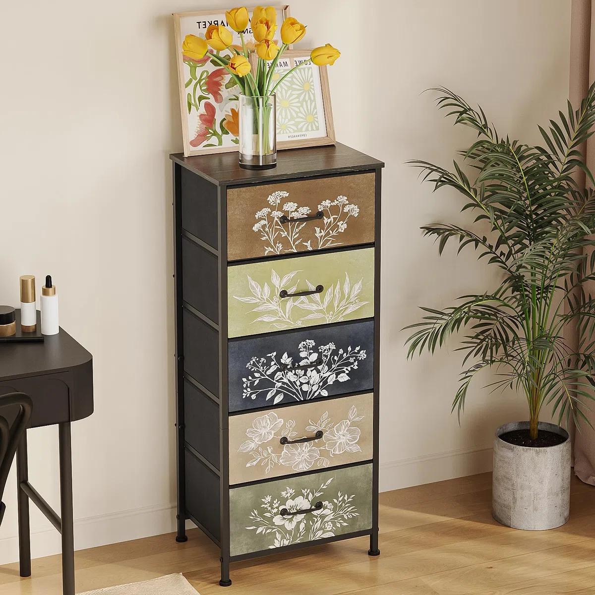Cajonera de tela con 5 cajones de tela con diseño floral para dormitorio, sala de estar, habitación infantil y pasillo