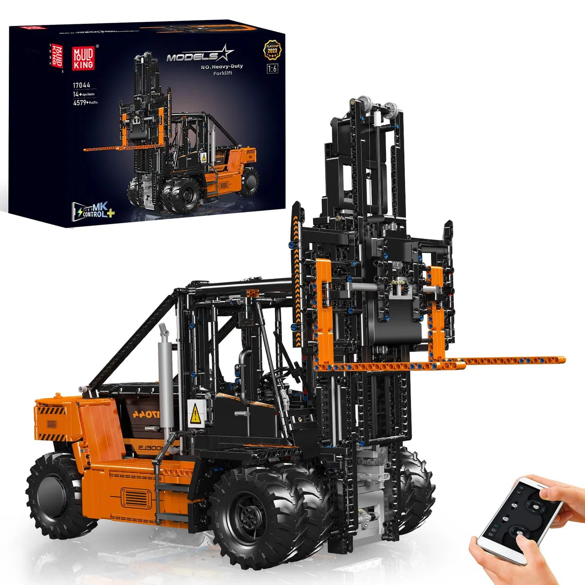 Mould King 17044 Carretillas Elevadoras Resistentes a Escala 1:6 para Adultos con Detalles auténticos, RC controlado por aplicación (Naranja, 4579+ Piezas)