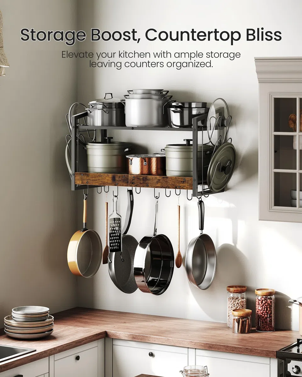 CHOEZON Soporte de Pared para Ollas, Estante de Cocina de 2 Niveles para Ollas y Tapas, Soporte para Sartenes, Vajilla y Utensilios de Cocina con 12 Ganchos, Marrón Vintage y Negro DTPR02BF