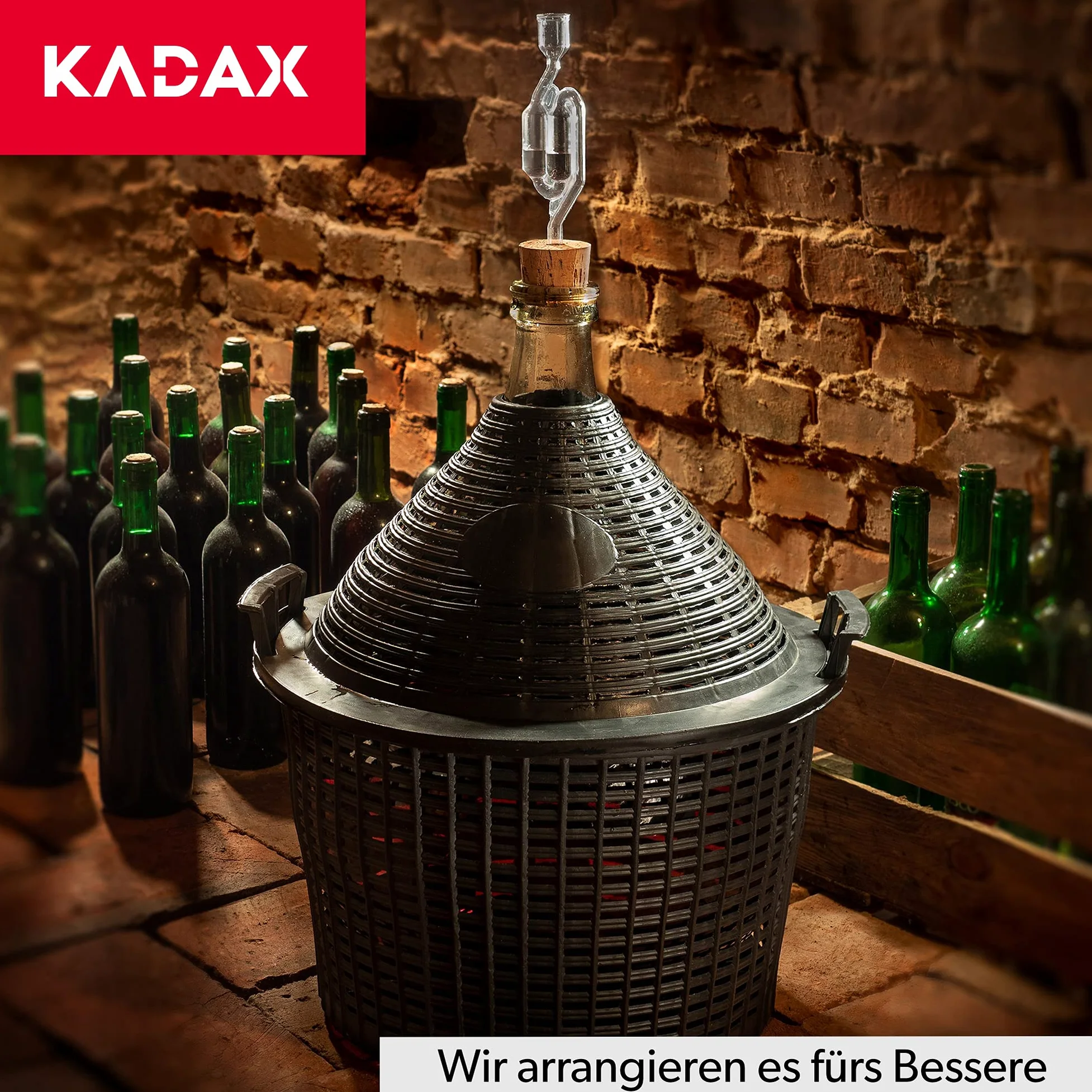 KADAX - Globo de Cristal con Cesta de plástico, tapón de Goma, Abertura Estrecha, Botella de Vino, Botella de Cristal, gallón, Recipiente de fermentación, Cristal y plástico, Gris, 54L