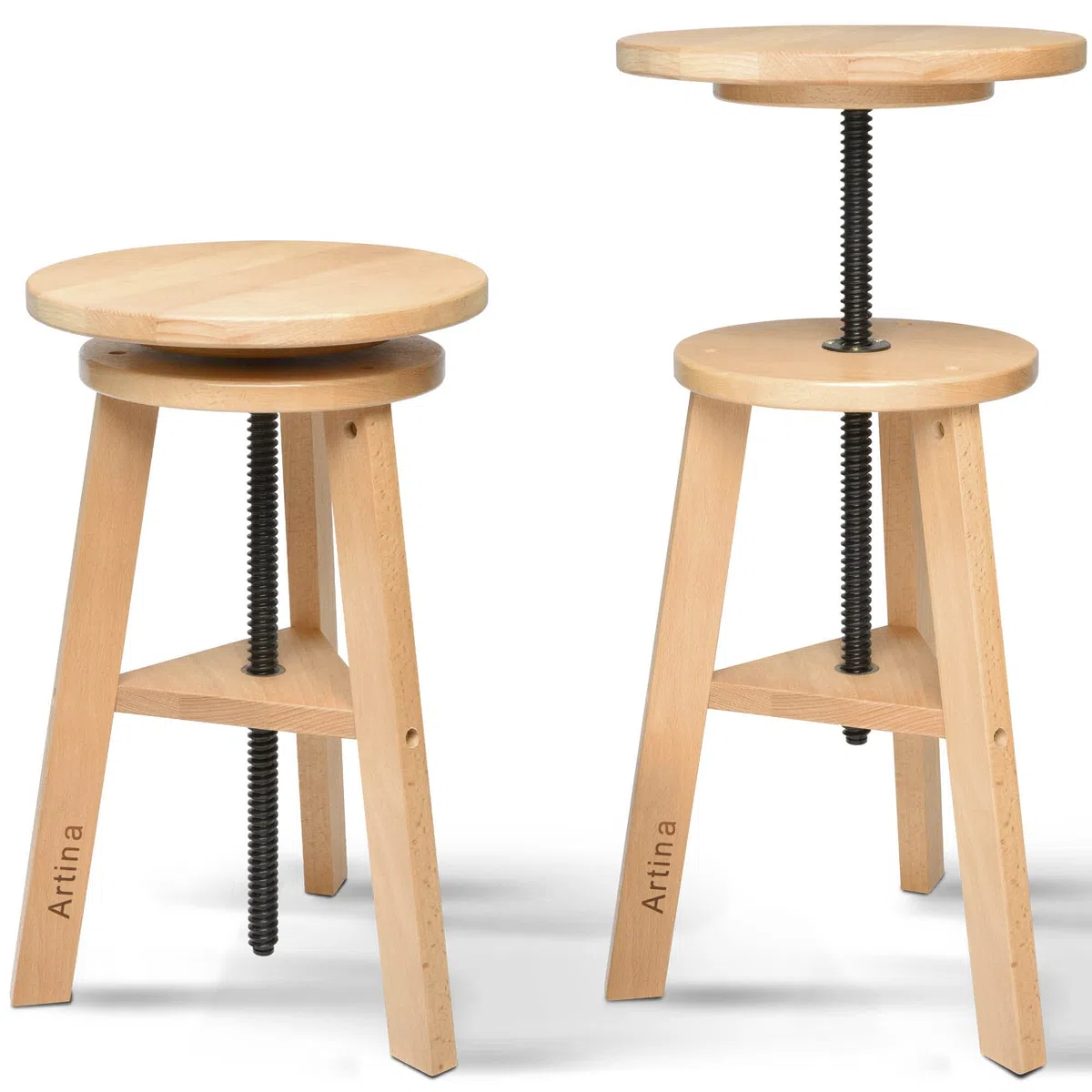 Artina Arles Taburete Redondo de Madera para Pintar – Taburete de Madera Ajustable en Altura, Taburete de Studio – Taburete de Taller con 3 piernas de Madera de Haya masiva – Taburete Giratorio