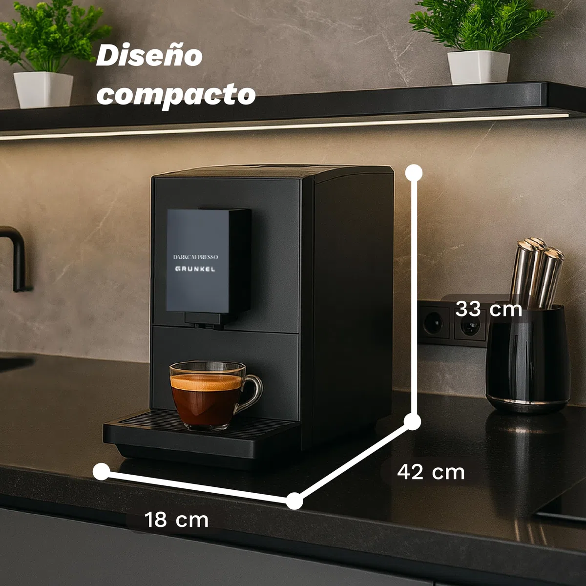 Grunkel DARKCAFPRESSO, Cafetera Súper Automática, 20 Bares, 1,2L, Molinillo Desmontable, Pantalla Táctil