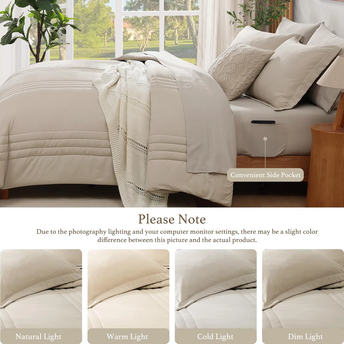 Monbix Juego de edredón tamaño Queen, Juego de Ropa de Cama Queen de 7 Piezas, edredones para Todas Las Estaciones, Juego de Cama Esponjoso, Cama cálida en una Bolsa, tamaño Queen con sábanas (Beige