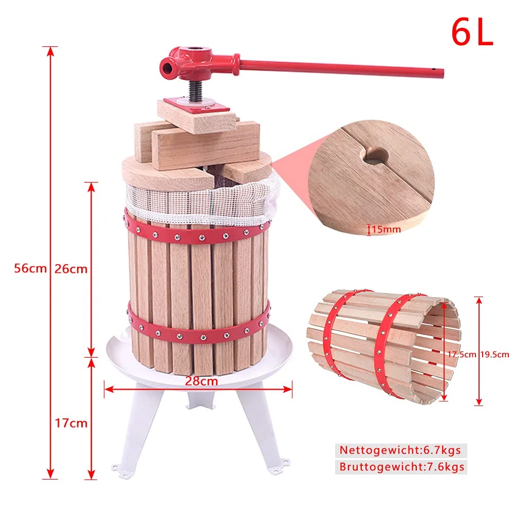 XMTECH Exprimidor mecánico de frutas de 6 litros con paño de prensa + 7 l molinillo de frutas, triturador de uvas, exprimidor de manzanas con manivela