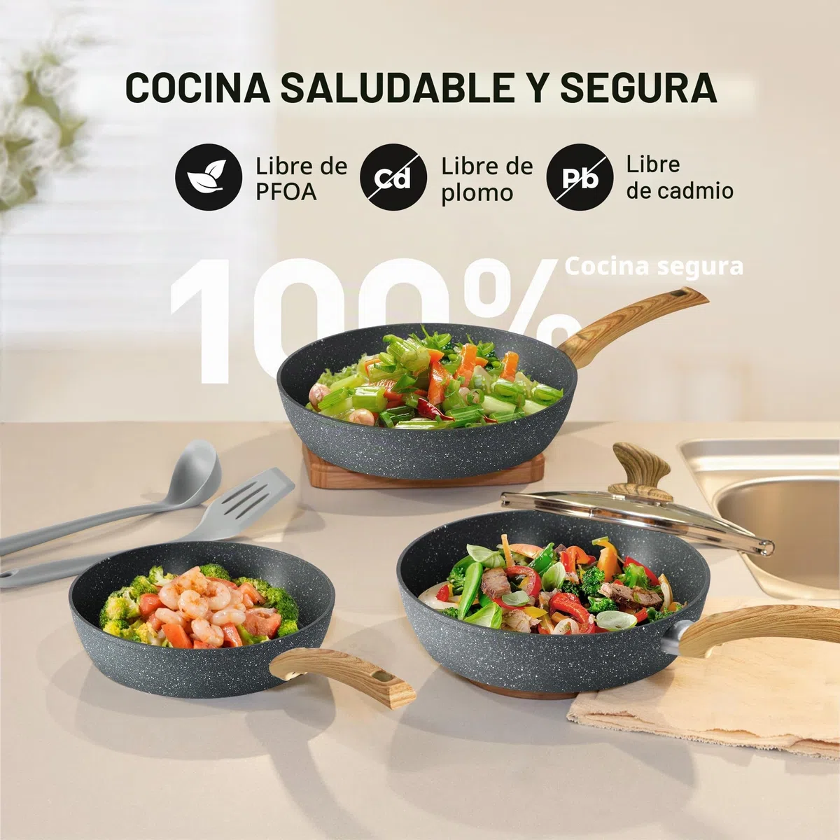 Kitchen Academy Juego de ollas y sartenes,12 piezas,revestimiento antiadherente,juego de utensilios de cocina con tapa, para inducción,cocinas de gas y microondas,color gris (KA-CS01-001)