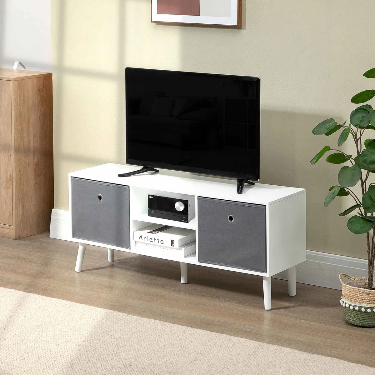 HOMCOM Mueble de TV, Mesa de TV con 2 Cajones de Tela, 2 Estantes Abiertos, Orificios para Cables, para Televisores hasta 50 Pulgadas, Largo de 110 cm, para Salón, Dormitorio, Blanco y Gris
