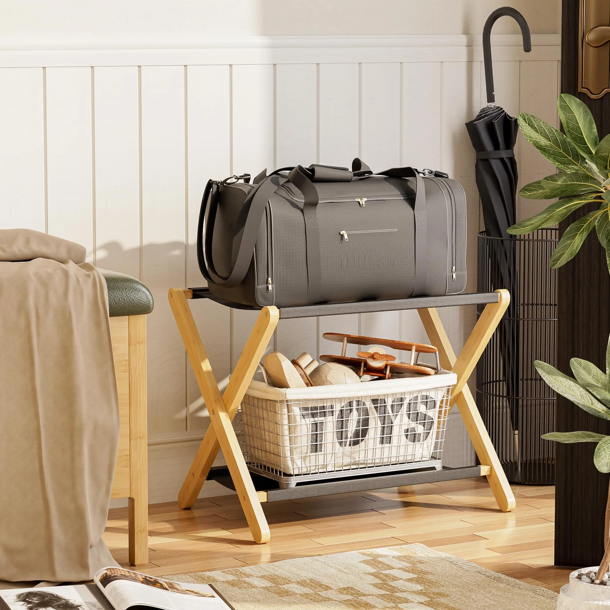 Portaequipaje, Soporte plegable para maletas con estante de almacenamiento, Portaequipaje de bambú premium para habitación de invitados, dormitorio, hotel, Soporta hasta 61 kg (Natural)
