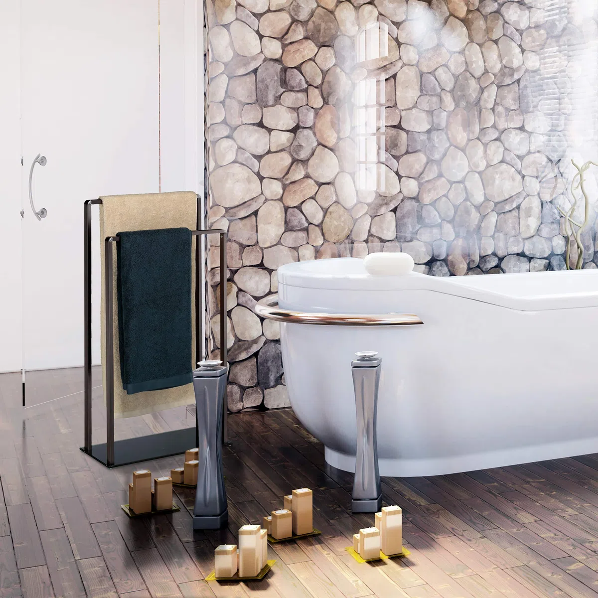 Relaxdays Toallero de Pie con 2 Barras, Metal-Cristal, Bronce-Negro, 80 x 45 x 20 cm