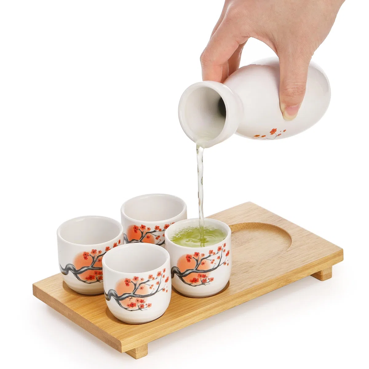 Tosnail Juego de sake japonés de cerámica, 1 jarra para servir, 4 tazas de sake y 1 bandeja de bambú, flor de naranja
