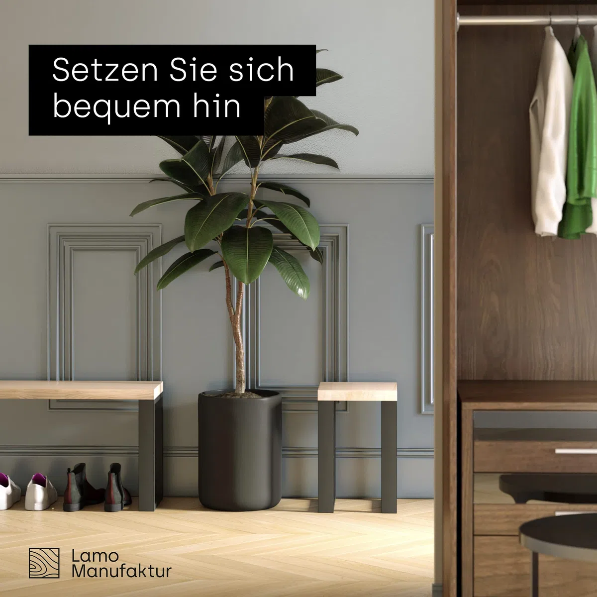 LAMO Manufaktur Banco para Mesa de Comedor 30x100x47 cm (Ancho x Largo x Alto), Patas para Muebles Modelo Simple Gris/Asiento Natural, LSB-01-A-002-100-7016S