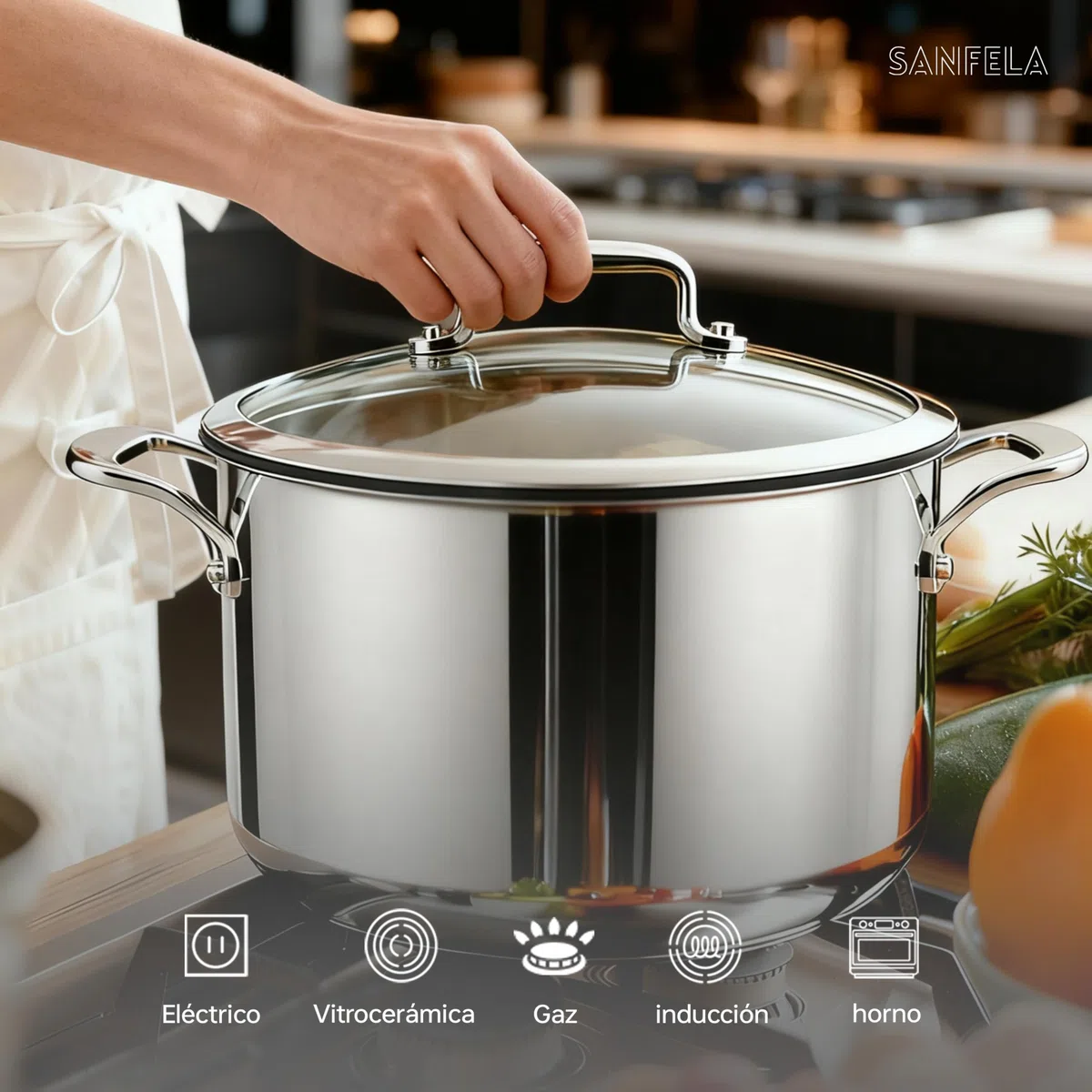 Olla de acero inoxidable SANFELA de 8 l/24 cm con tapa de cristal, utensilios de cocina de acero inoxidable de 5 capas, compatible con inducción