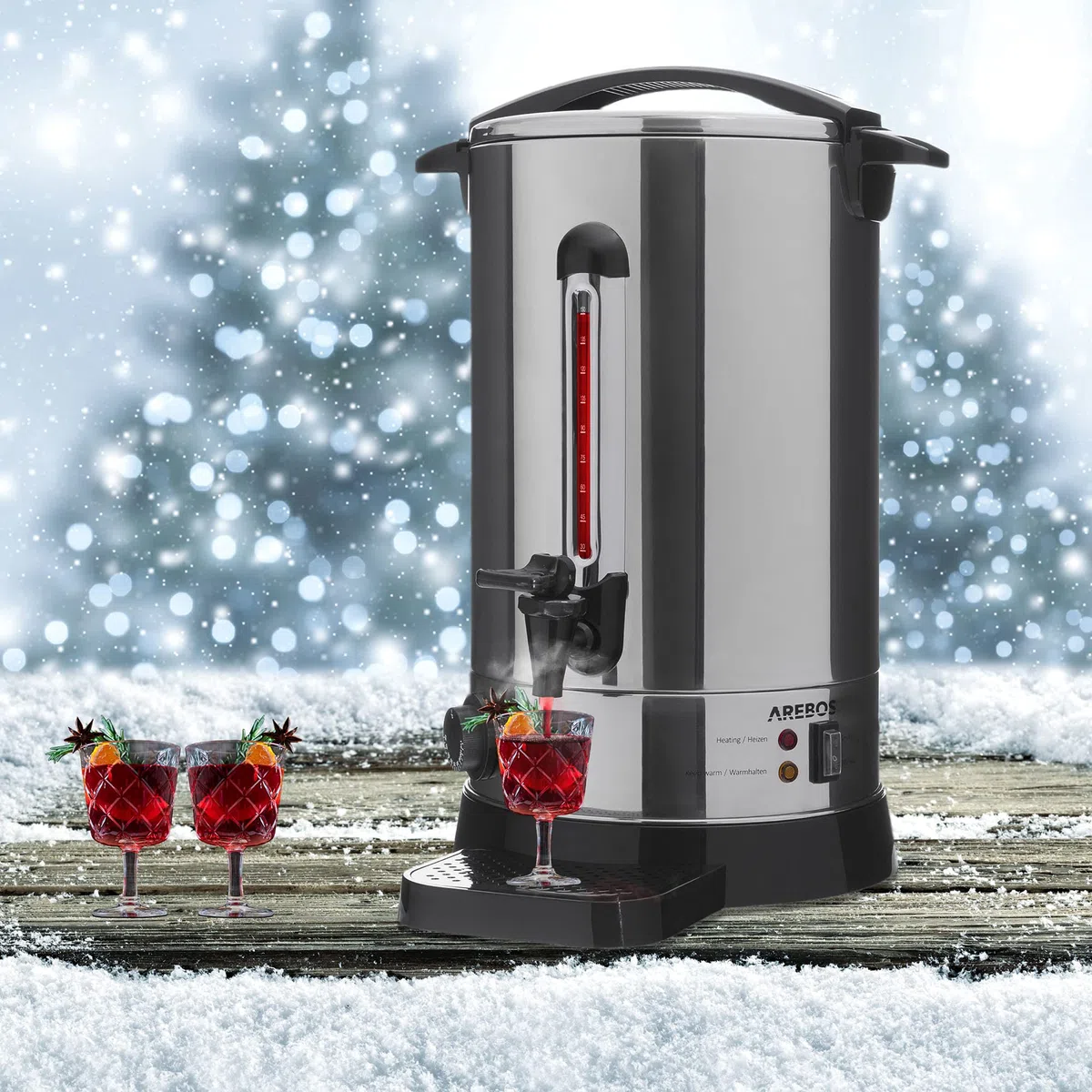 Arebos Cocina eléctrica para vino caliente 1650 W | 20 L | Hervidor para Vino Caliente | Dispensador con grifo de salida | termostato y protección contra sobrecalentamiento | Acero inoxidable