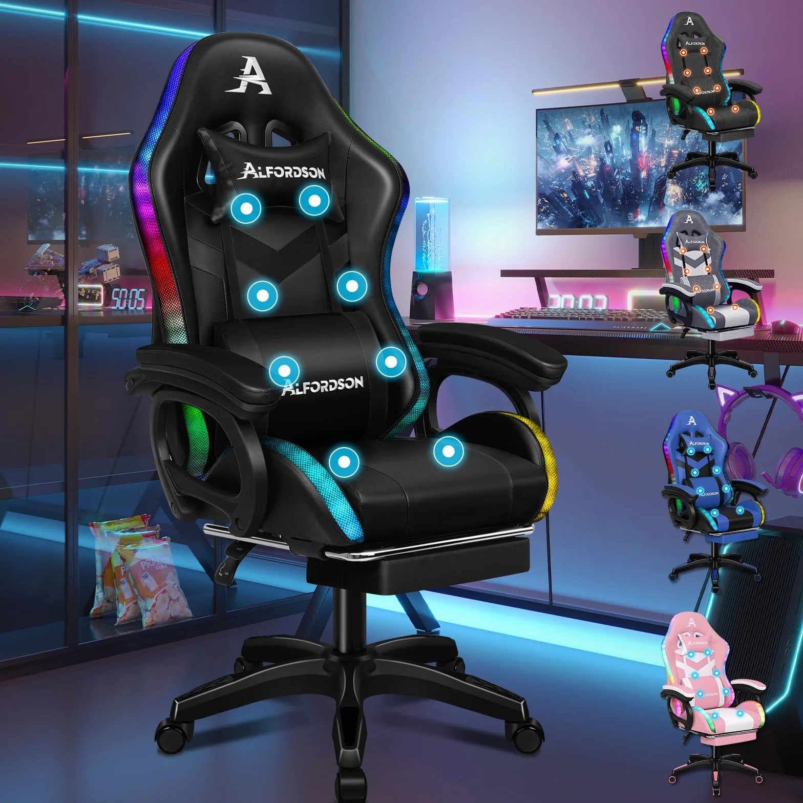 ALFORDSON Silla Gaming con Masaje y LED, Silla Gamer Ergonómica con Cojín Lumbar y Cervical, Reposapiés Telescópico, Iluminación para Juegos, Oficina, Ordenador, Videojuego, Cuero PU(Negra)