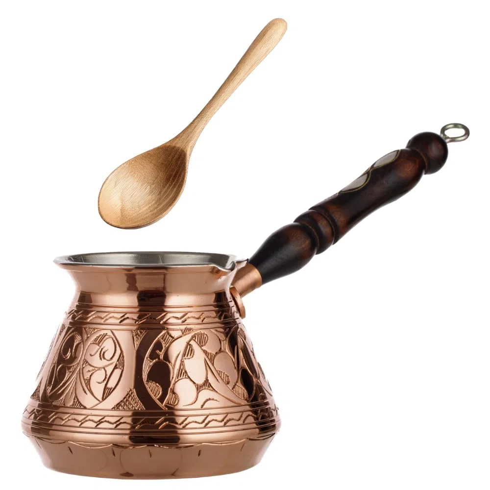 DEMMEX Cafetera Turca, Griega y Árabe de Cobre Más Grueso, Cafetera para Estufa, Cezve Ibrik Briki con Mango de Madera y Cuchara, (Grabada a Mano (270 ml))