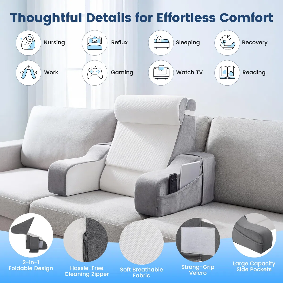 Cojín de lectura reversible 2 en 1 para cama y sofá, con reposabrazos y almohadas extraíbles, 2 ángulos de inclinación para el respaldo de 20° y 55 °, silla de cama para leer, jugar