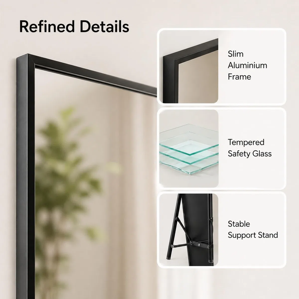 Espejo de Pie Moderno 52x161 cm | Espejo de Cuerpo Entero Resistente con Marco de Aluminio Estrecho | para Salón, Dormitorio y Vestidor | Función Doble: De Pie o Colgante
