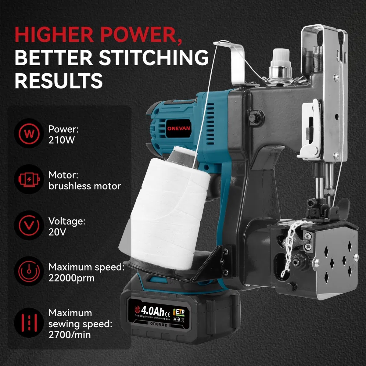 ONEVAN Cosedora de Sacos bolsas eléctrica, Motor de cobre 210 W, 2 Baterías 4.0Ah, kit de máquina de coser, grosor de costura 8-15 mm, para bolsas de tela, yute y papel kraft, Apto para la Agricultura