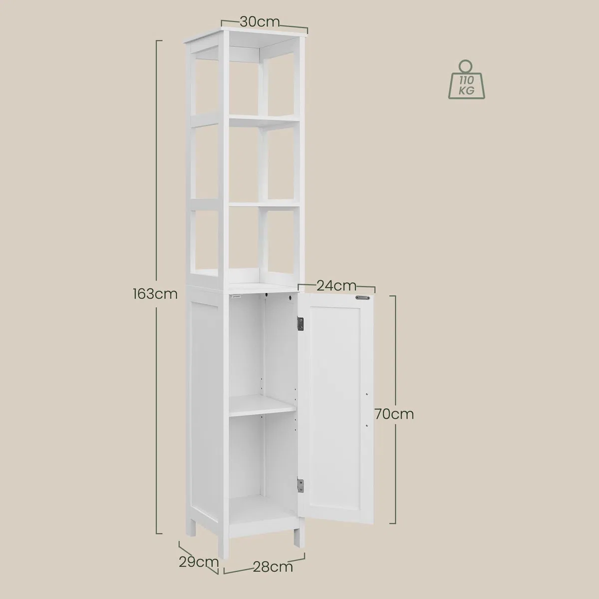 EUGAD Mueble de Baño, Armario Columna con Estantes Abiertos, Estanteria de Almacenaje, 30x30x163 cm, Mueble Auxiliar Estrecho para Baño, Sala de Estar, Estudio y Oficina, Blanco, 002WDG