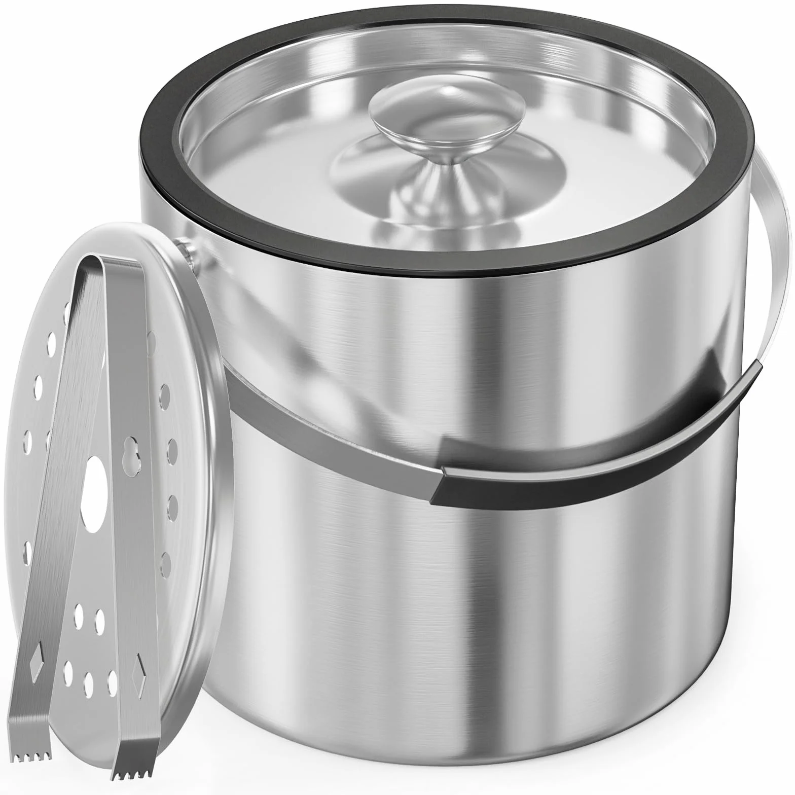 Cubo de hielo aislado de 3,2 L con tapas de silicona, clips y filtros para cubos de hielo de acero inoxidable de doble pared para fiestas, cócteles y bares