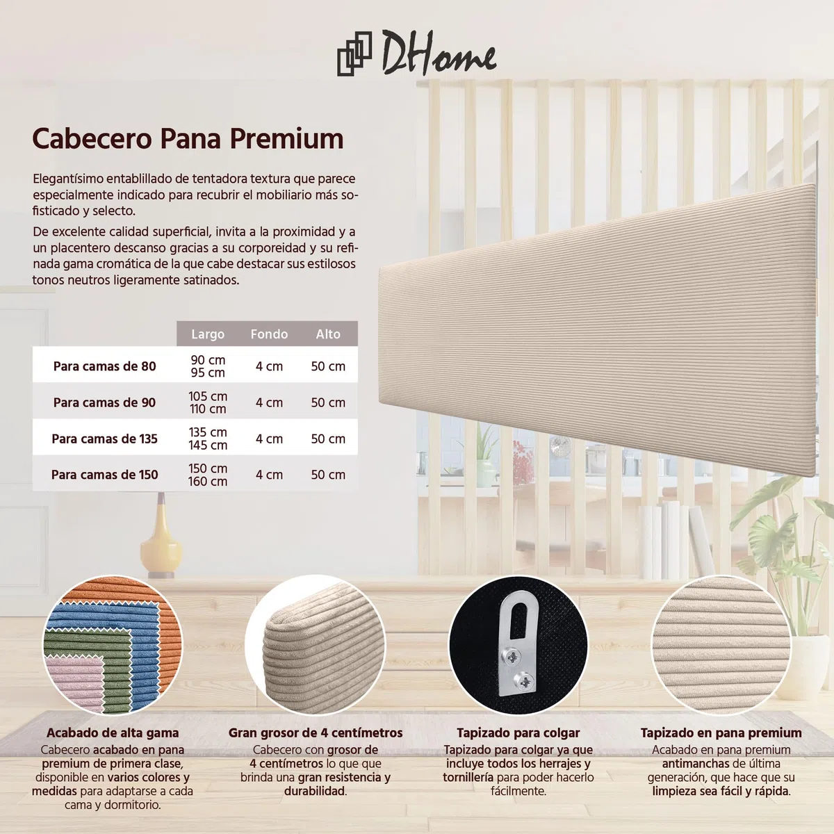 DHOME Cabecero de Pana Liso Alta Gama Moderno Cabezal Tapizado Cama Lujo Dormitorio Acolchado (Beige, 145 cm)