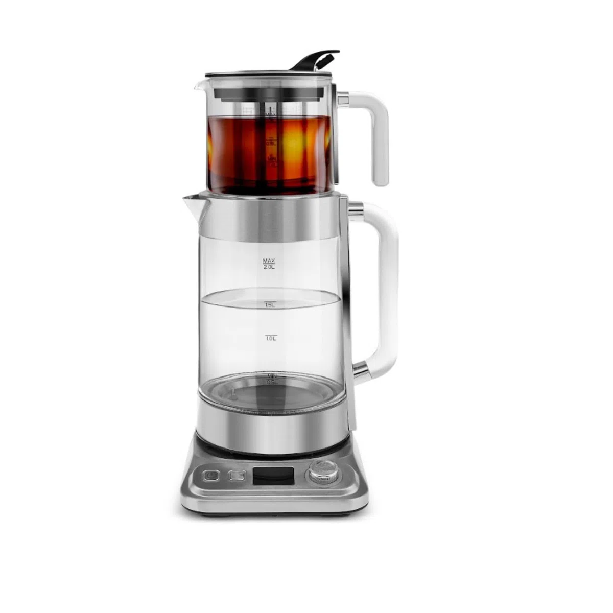 Karaca X Refika XL Tetera automática & Caydanlik, hervidor de agua de 2 L y tetera de cristal de 0,8 l, multitemperatura, modo ecológico, 2200 W, tetera para familia e invitados, cromo
