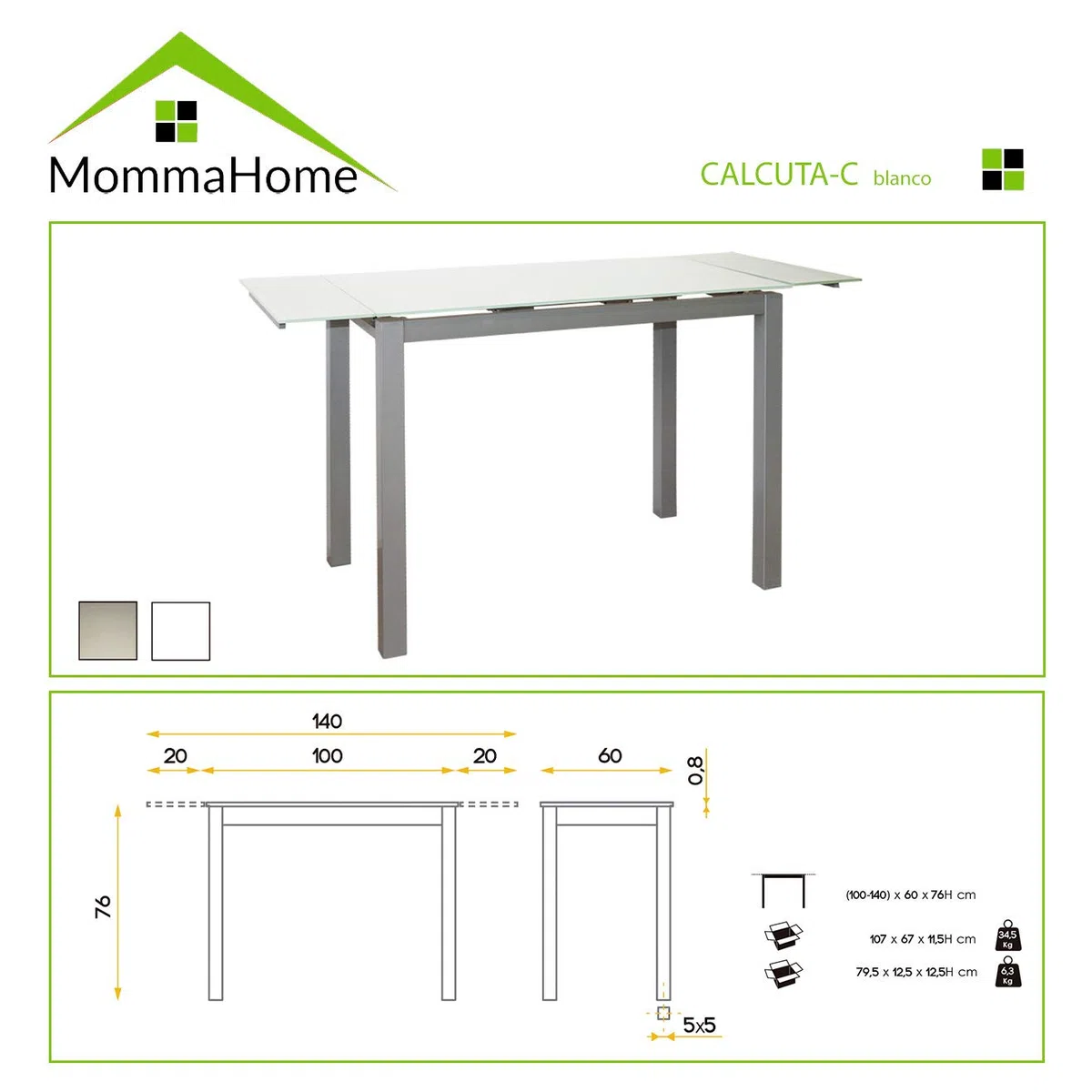 MOMMA HOME Mesa de Cocina o salón Extensible Moderna, CALCUTA, Color Blanco/Plata - Material Cristal Templado/Metal 100/140 x 60 x 76 cm