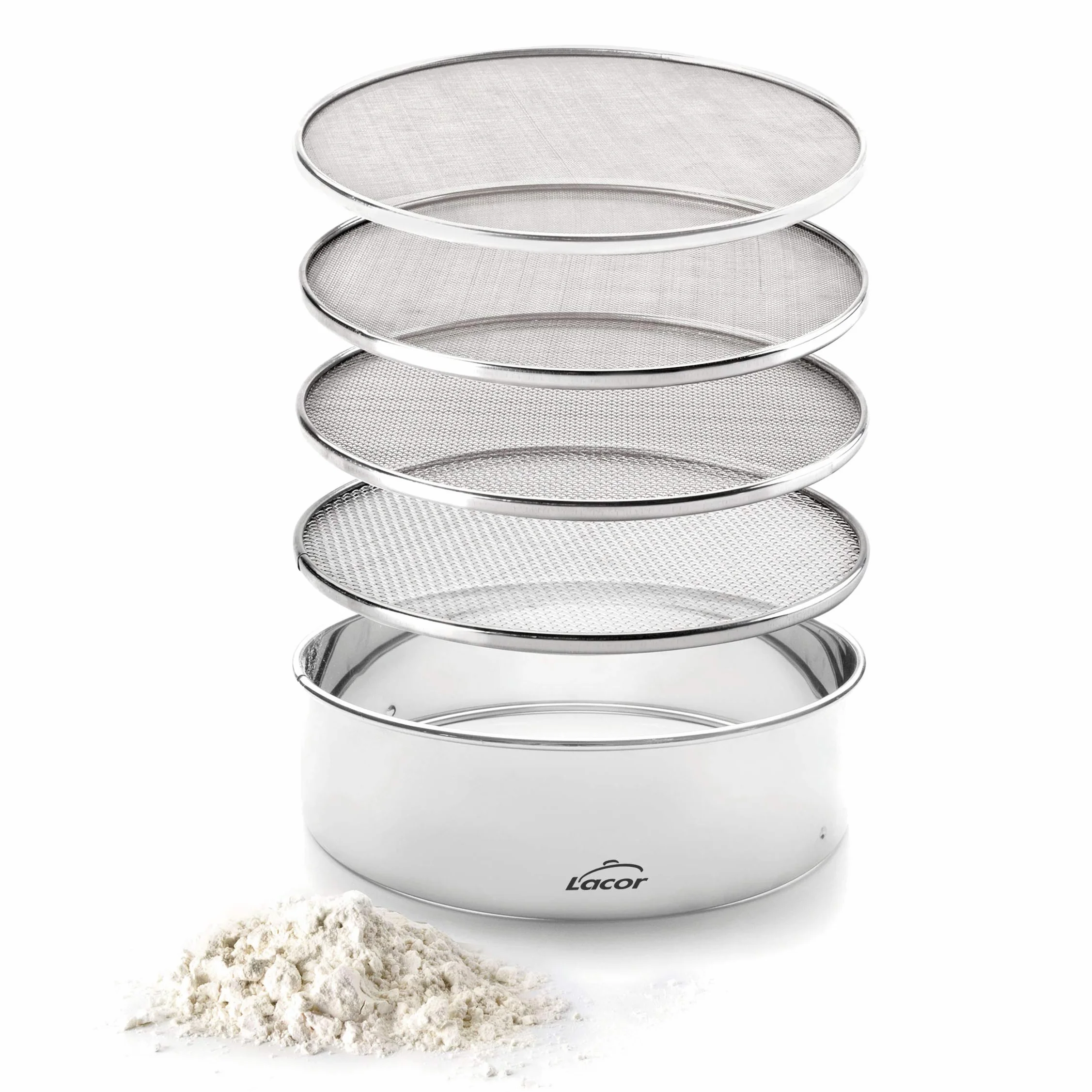 Lacor - 68342 - Tamiz intercambiable, Cedazo de Cocina, 4 mallas intercambiables, Tamizar harina, azúcar, cacao, Acero Inoxidable, Diámetro 25cm