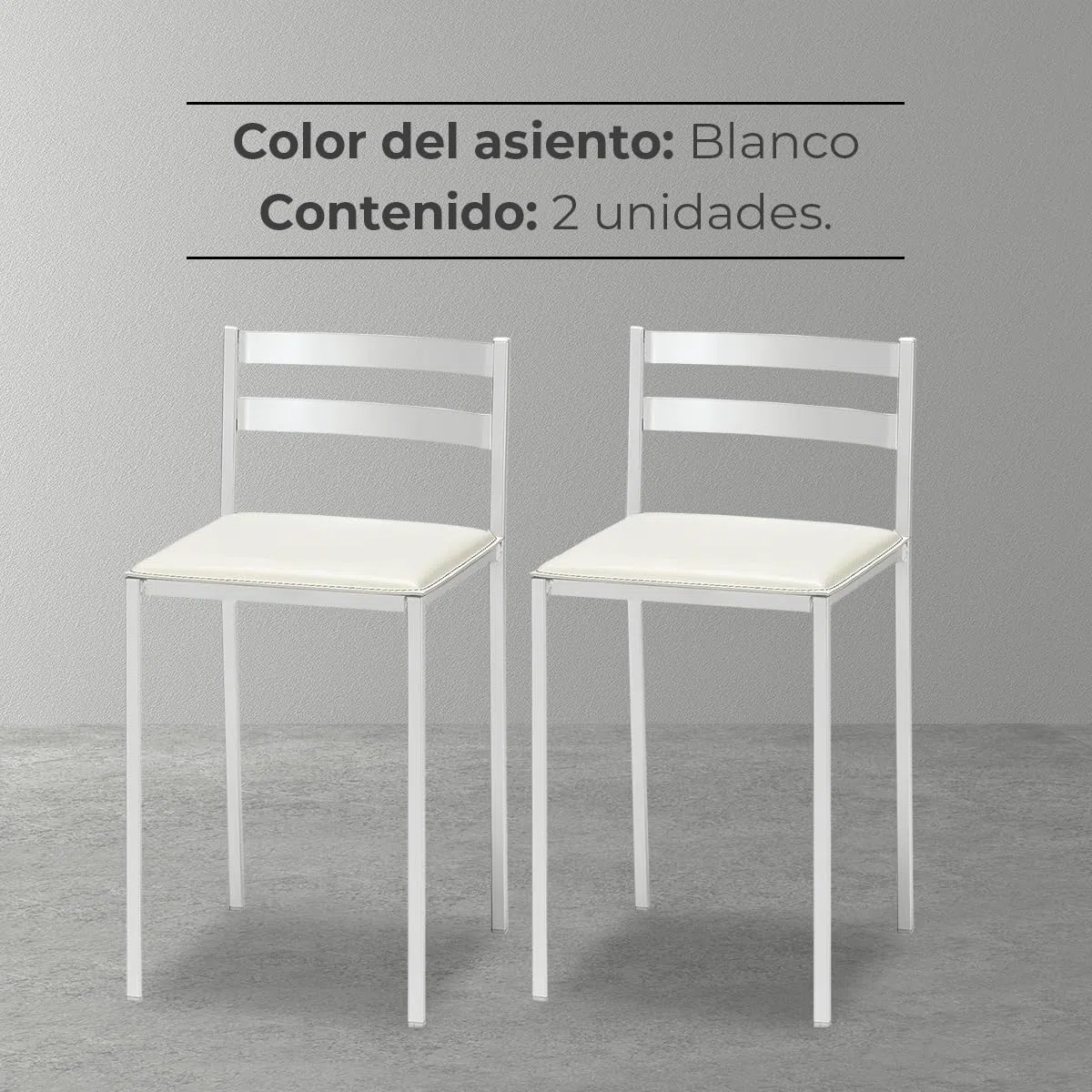 2 Taburetes de Cocina con Respaldo bajo, Franjas horizontales y Asiento tapizado - Estructura Color Blanco - Asiento en Polipiel Blanco