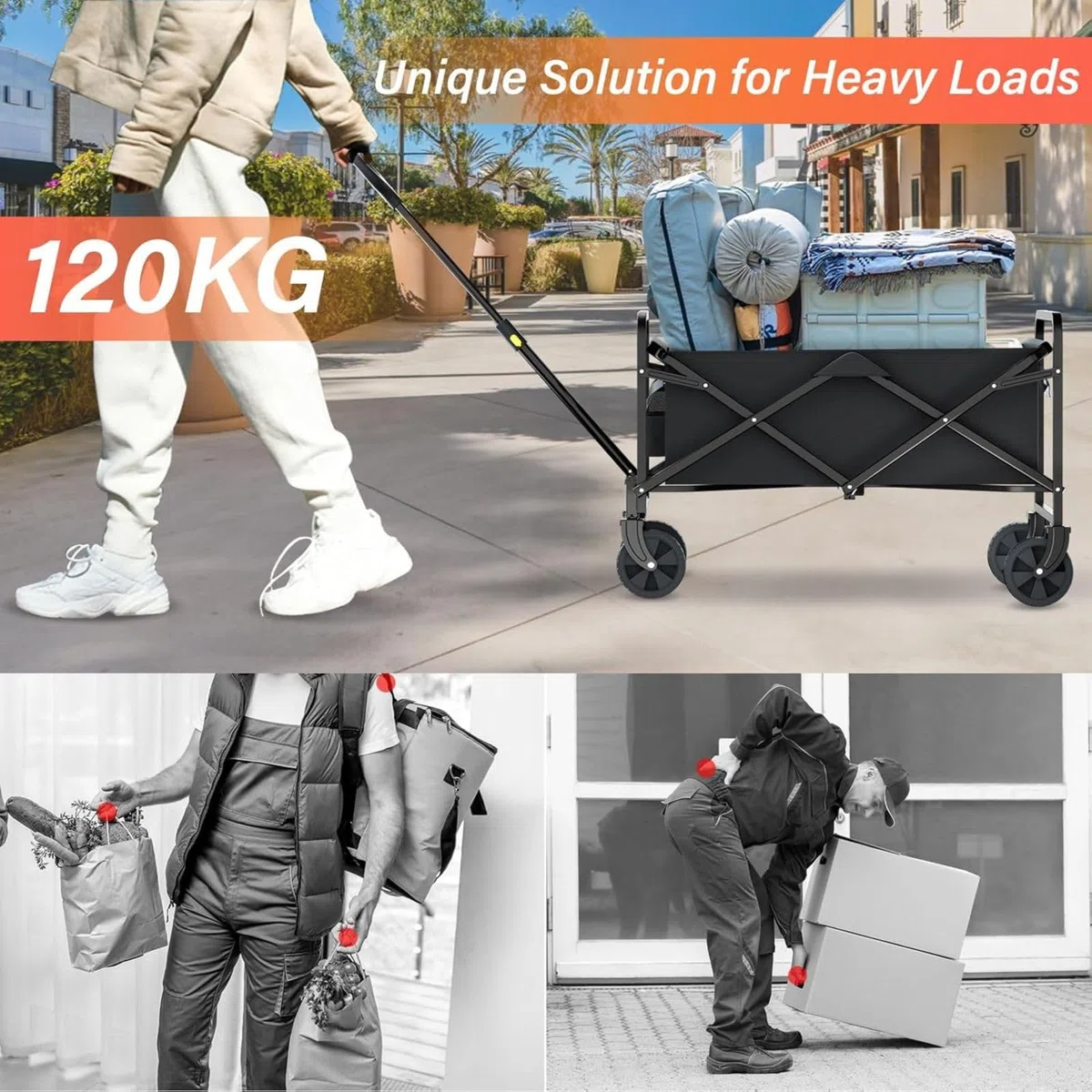 DASCK Carro Plegable con Ruedas Todoterreno 120 kg | Mango Ajustable, Bolsa de Transporte, Plegado Rápido en 3  Segundos | Carrito de Playa, Camping y Jardín