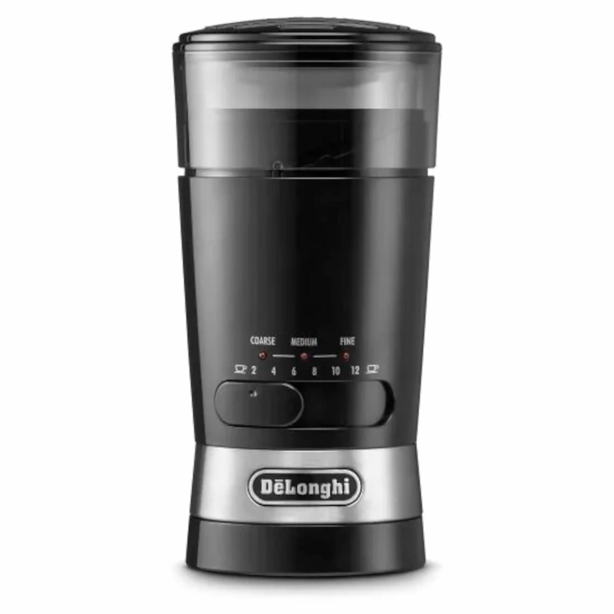 De'Longhi KG210 Molinillo de Café, Capacidad 90 Gramos, Cuchillas de Acero Inóxidable, Capacidad de Tazas Ajustable, Nivel de Molienda Ajustable, Uso Sencillo, 170 W, Color Negro