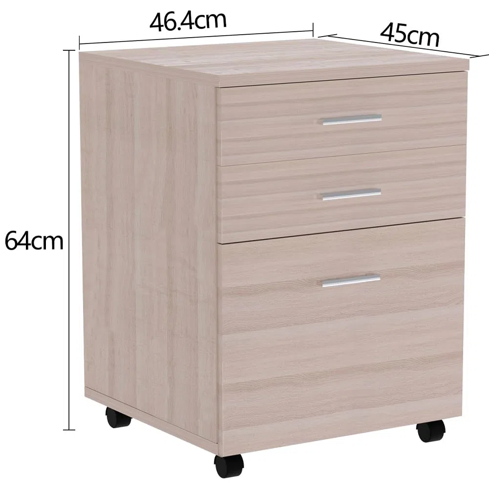 BAKAJI Cajonera móvil para escritorio, mueble para impresora de madera MDF con 3 cajones y 4 ruedas giratorias, diseño moderno, decoración para casa u oficina. Dimensiones: 46,5 x 45 x 64 cm (Olmo)