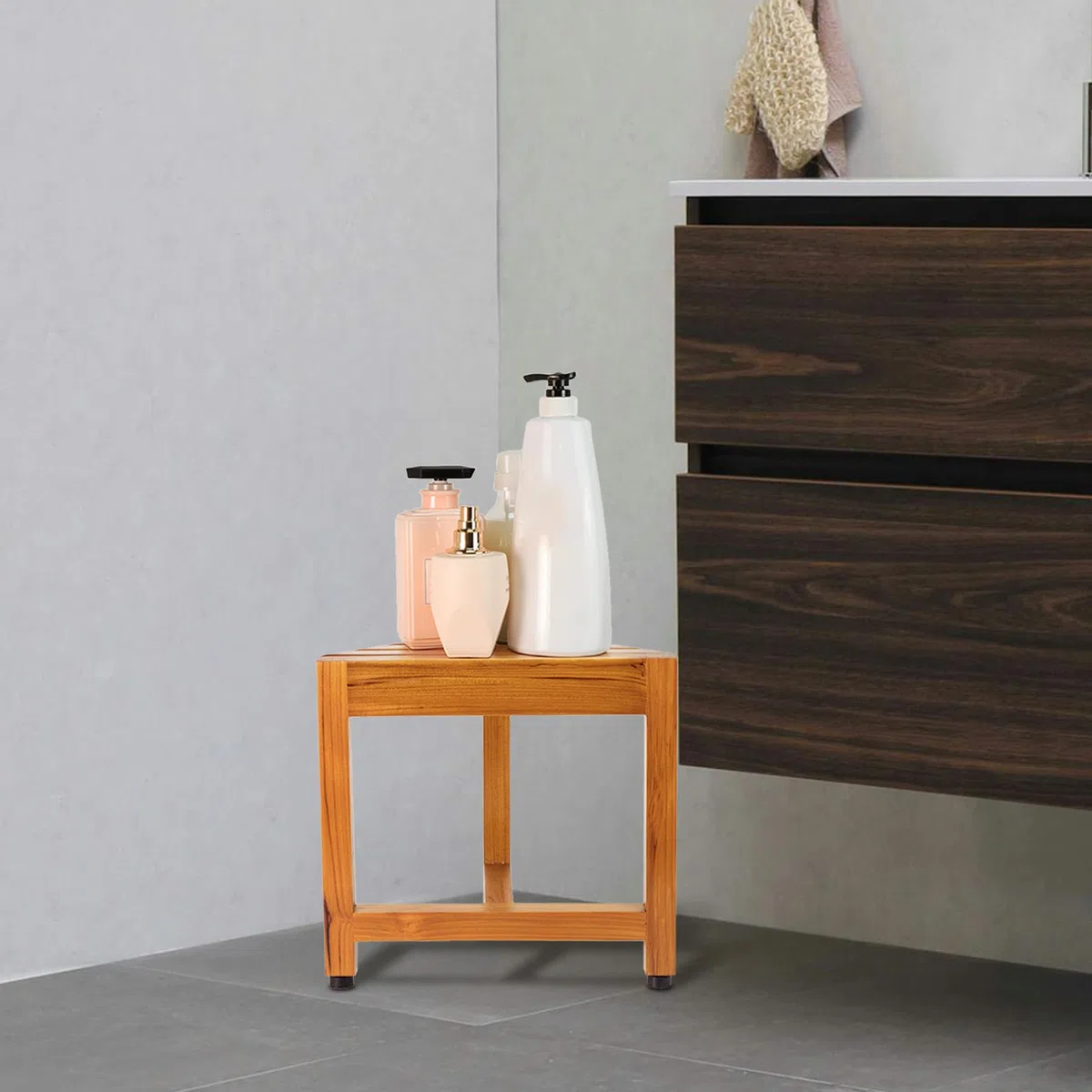 VaeFae Banco esquinero de Ducha de Teca, reposapiés de Madera, Banco de Ducha para Afeitar, Taburete de Ducha de Esquina para Ducha Interior, baño