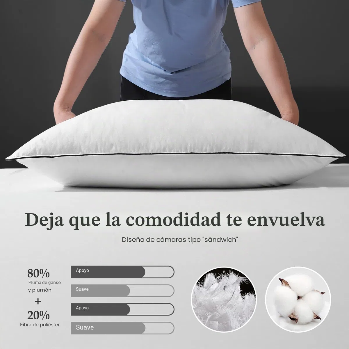 DWR Almohadas de Plumas y Plumón de Ganso,Paquete de 2 Lujosa Plumón de Plumas Orgánico Almohadas, Diseño de 3 Habitaciones, Relleno de Pluma de Ganso, Lavable a Máquina,Blanco 40x80cm