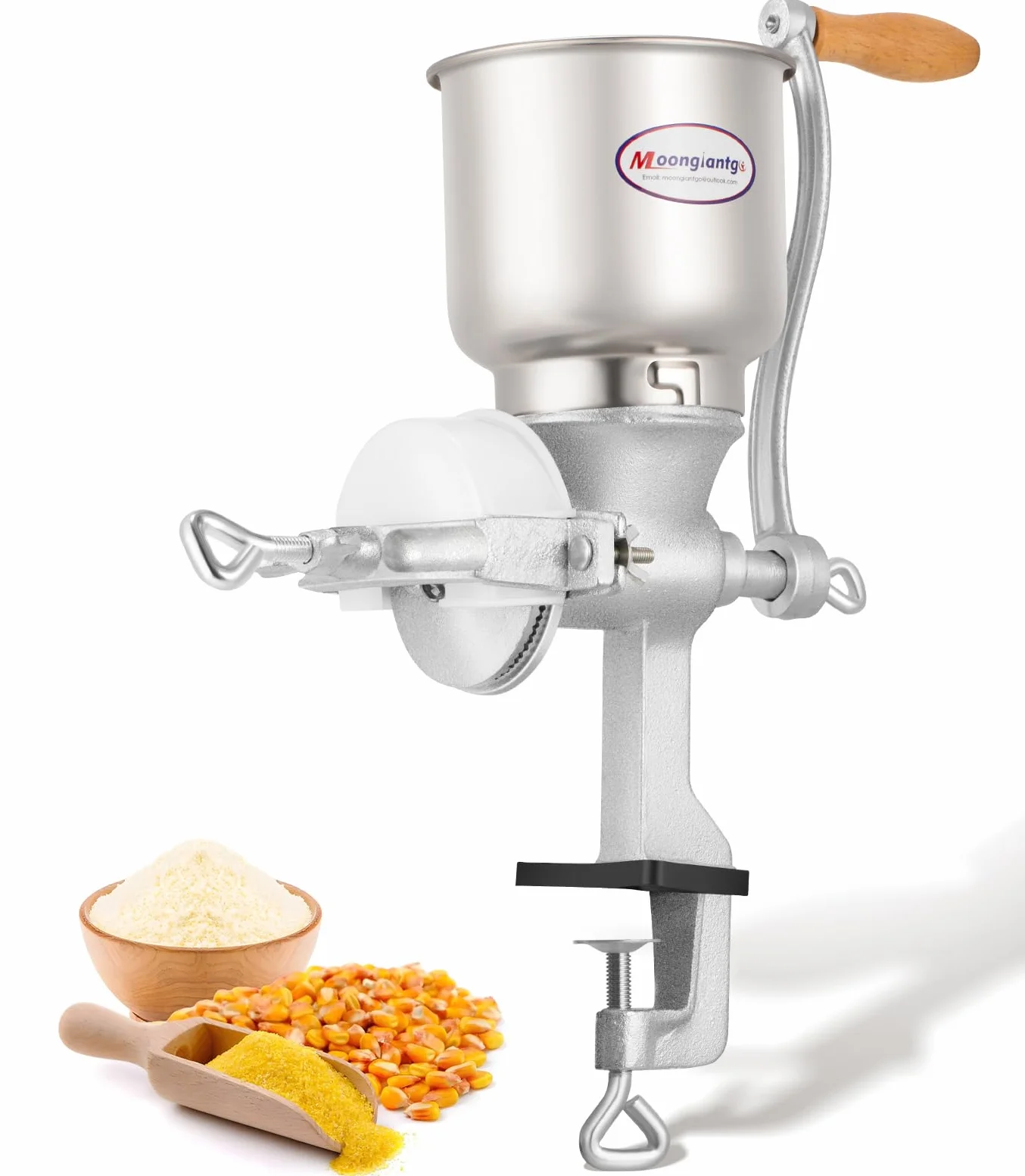 Moongiantgo Molinillo de Cereales Manual con 13cm Tolva Grande & 4cm Abrazadera de Mesa, Finura de Molienda Ajustable, Molino de Mano de Hierro Fundido, para Nuez, Café, Semillas, Maíz, Especias