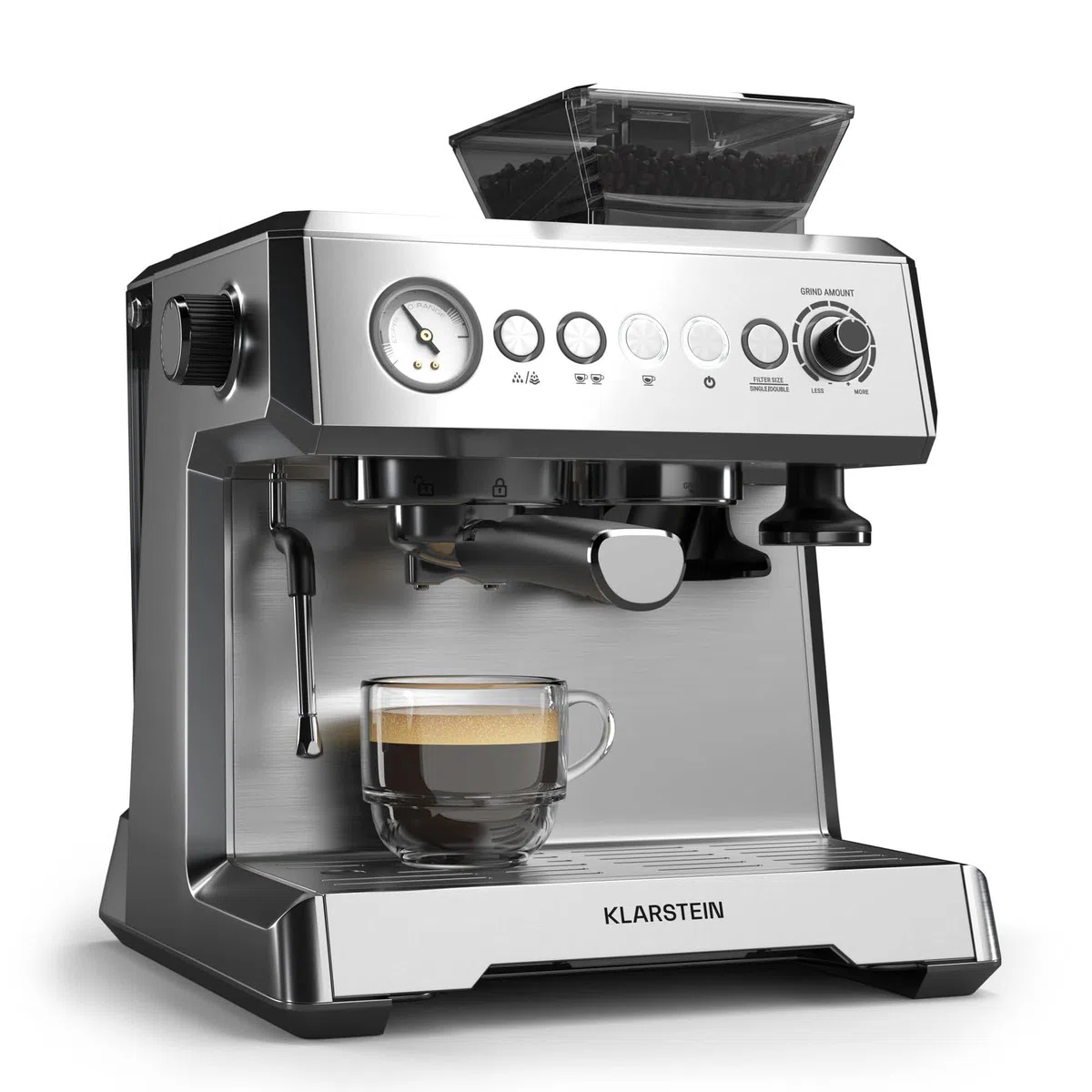 KLARSTEIN GrandPresso Cafetera Exprés 20 Bares - Molinillo Integrado, Boquilla de Vapor, 2,3L, Cafetera Barista, Espresso y Capuchino, Fácil de Usar y Limpiar