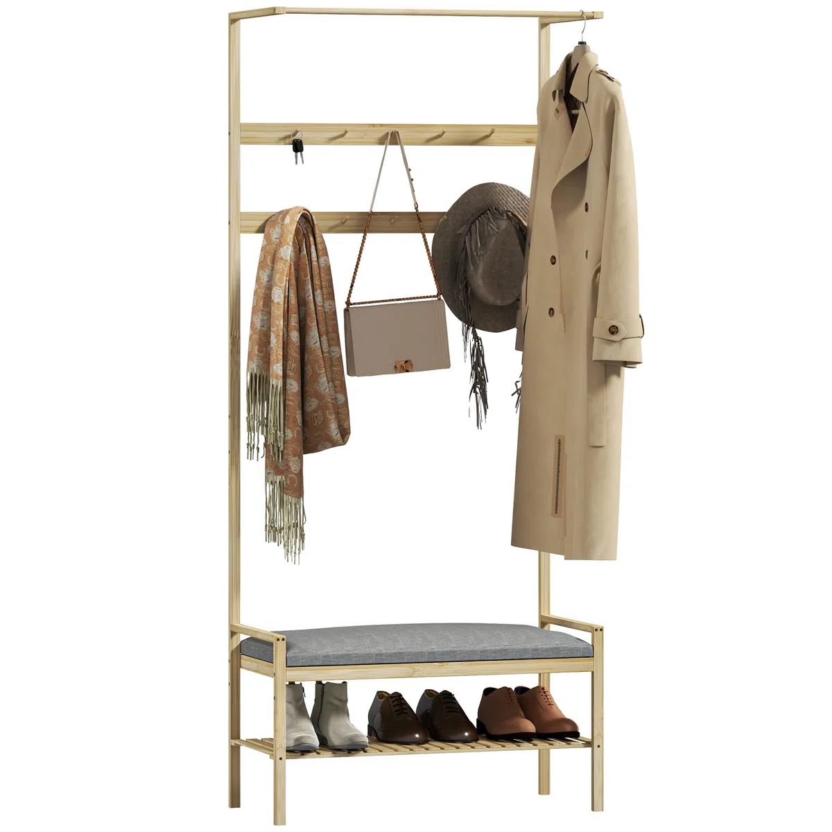 HOMCOM Perchero Zapatero Perchero Entrada Recibidor con 10 Ganchos Banco Zapatero Barra Superior y Compartimento para Pasillo Dormitorio 73,5x34x171 cm Natural