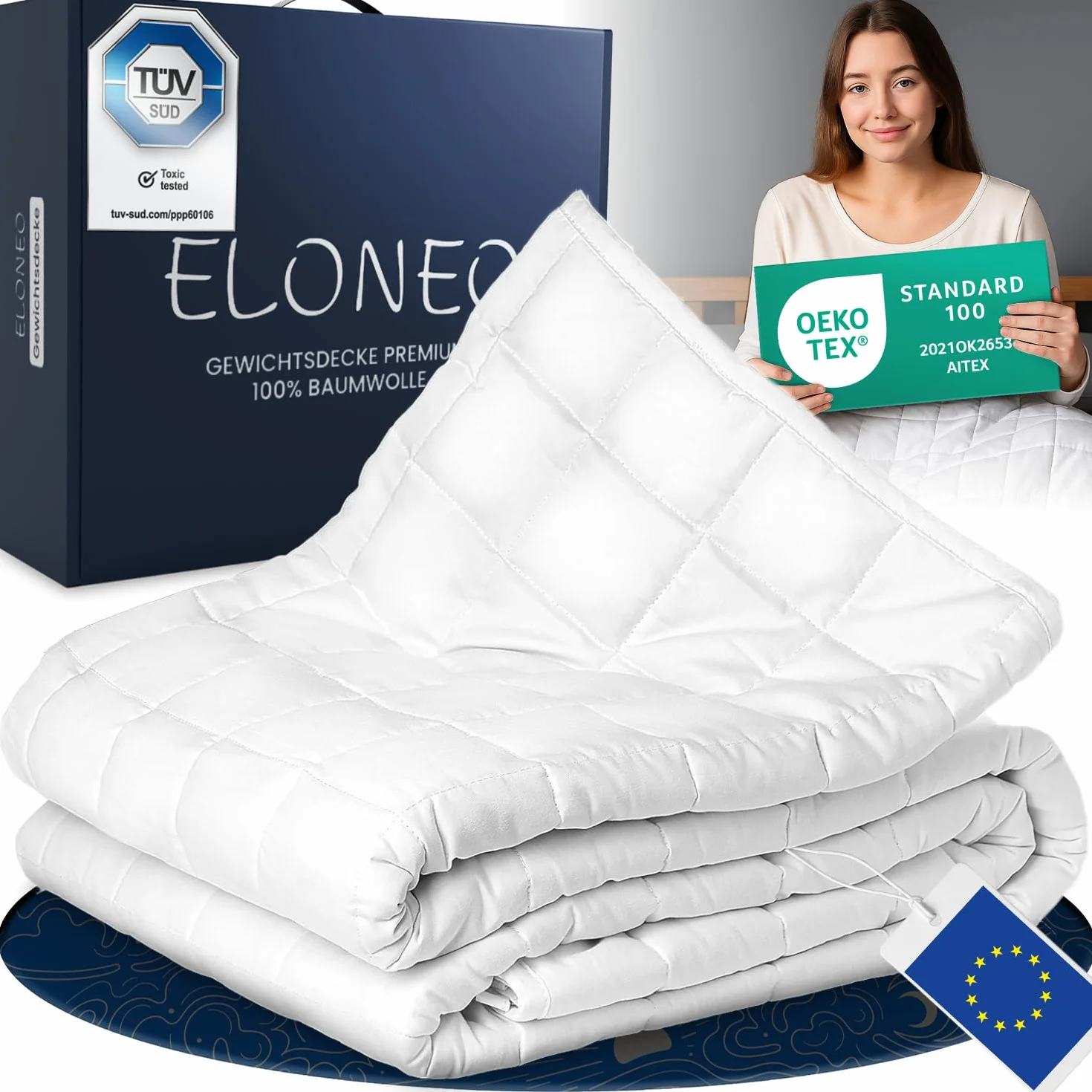 ELONEO Manta con Peso 135x200 cm con 11 kg, certificada por TÜV y Oeko-Tex, Manta Pesada para Dormir de 100% algodón
