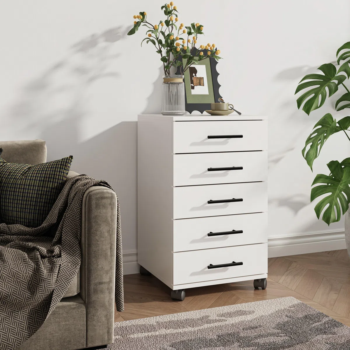 Contenedor rodante Relaxdays, 5 cajones, 69 x 40 x 40 cm, archivador móvil, Escritorio, Blanco