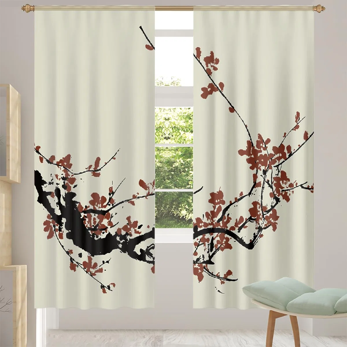 Juego de 2 paneles de cortinas semitransparentes de 55 x 84 pulgadas, flores japonesas de cerezo, con bolsillo para barra, filtran la luz, para dormitorio, sala de estar