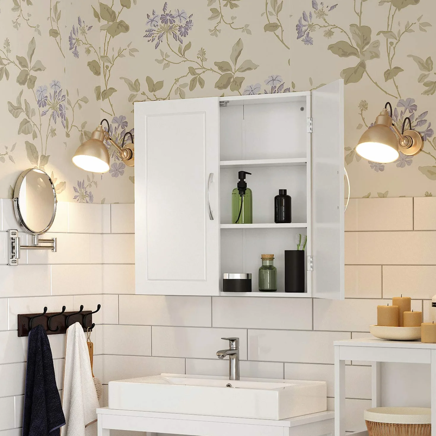 VASAGLE Armario de Pared para Cuarto de baño, Armario de Pared para Cuarto de baño, 18 x 60 x 60 cm, Armario de Farmacia con estantes Ajustables, Blanco Nube BBC320W01