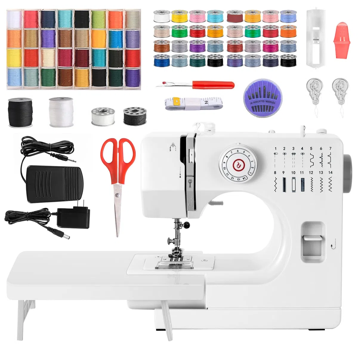 Máquina de Coser Profesional y Portátil con Mesa de Extensión - 14 Programas de Costura y 64 Carretes de Colores para Principiantes (A)