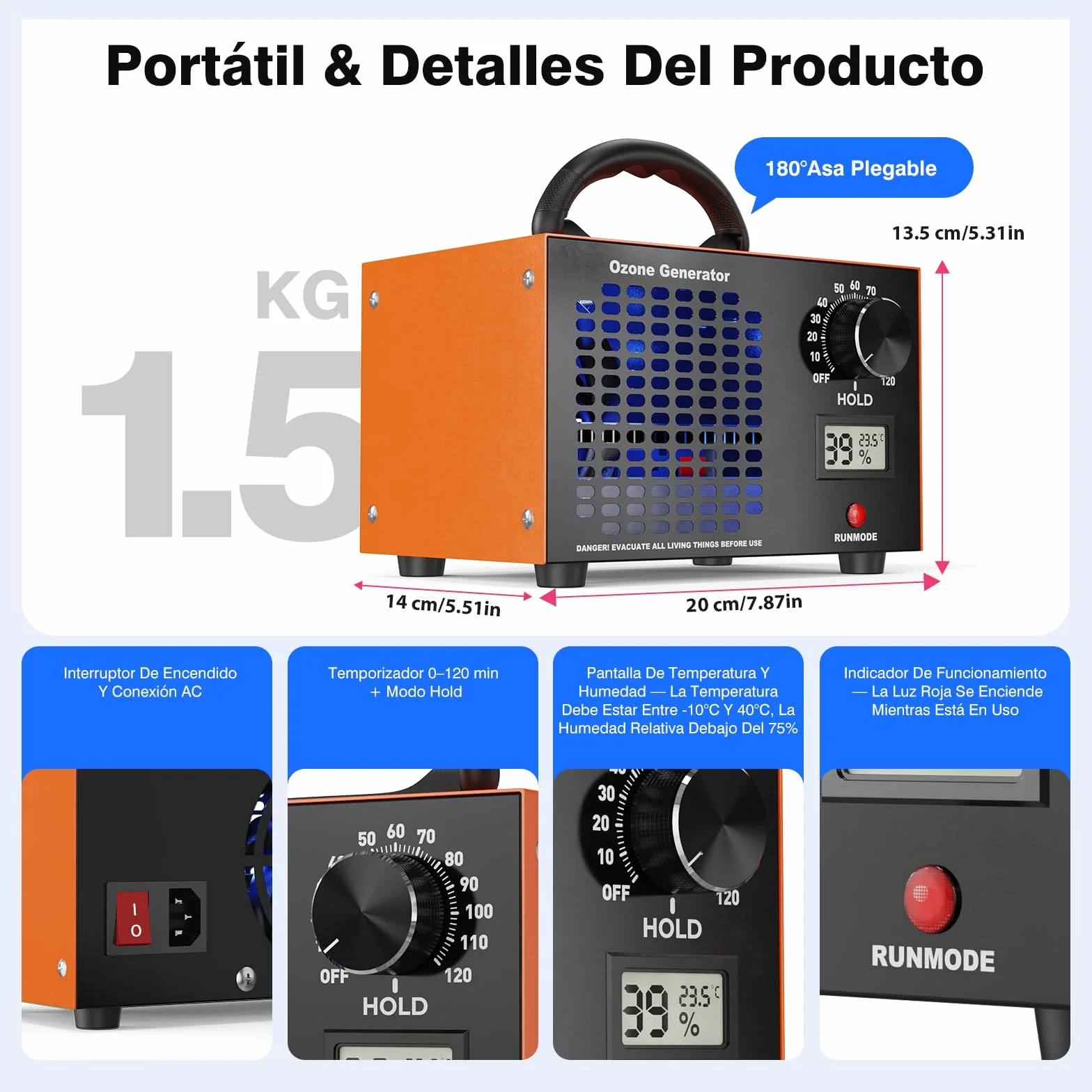 Fitabok Generador de Ozono 160000 mg/h - 2 en 1 Purificador de Aire Ozono, Pantalla LED Temperatura y Humedad, Temporizador 120 min, Cobertura 300 m², para Hogar Coche Hotel Cocina Sótano Mascotas