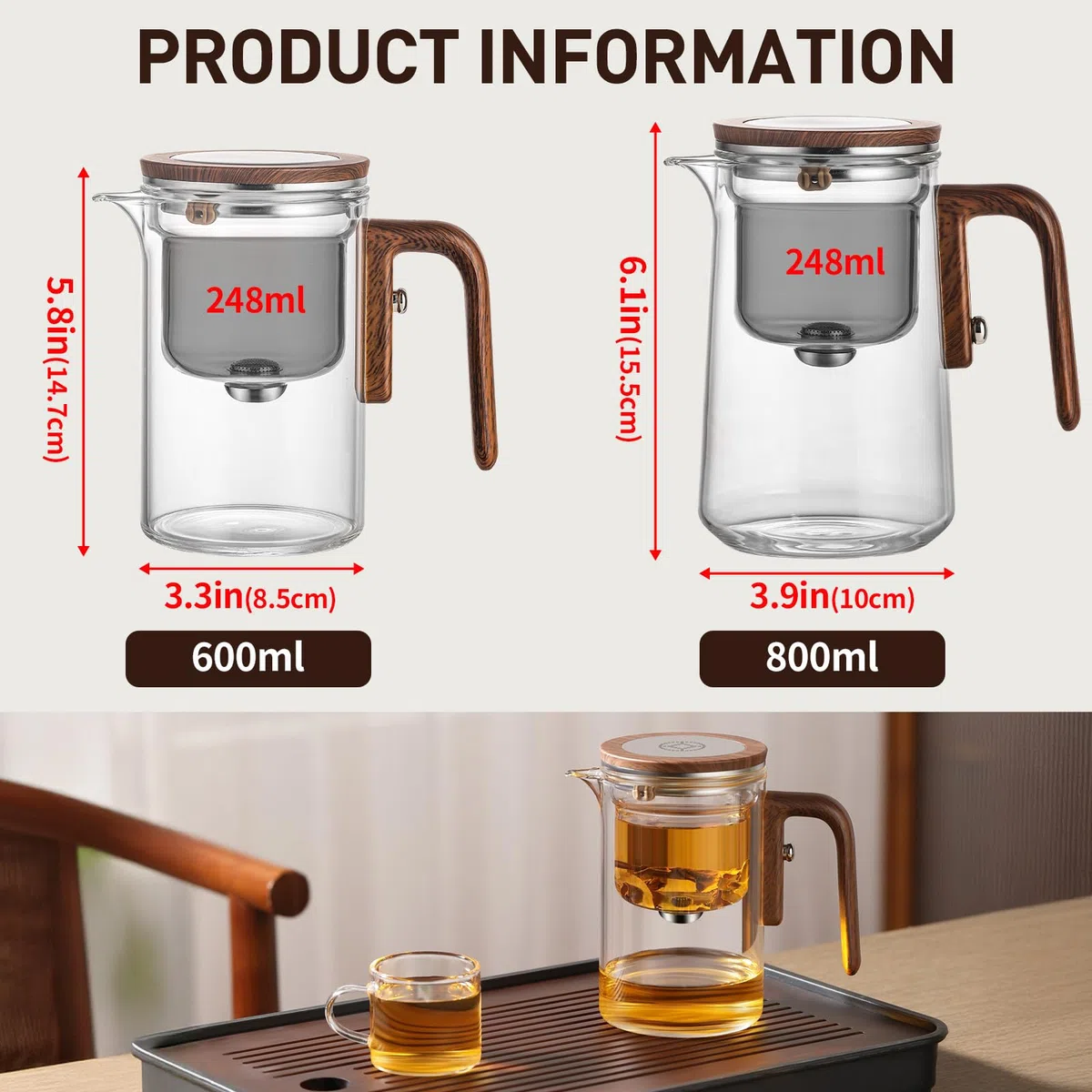 Tetera de cristal para separación de agua con filtro y mango de madera - Tetera mágica, diseño innovador para disfrutar del té uniformemente, tetera transparente con infusor